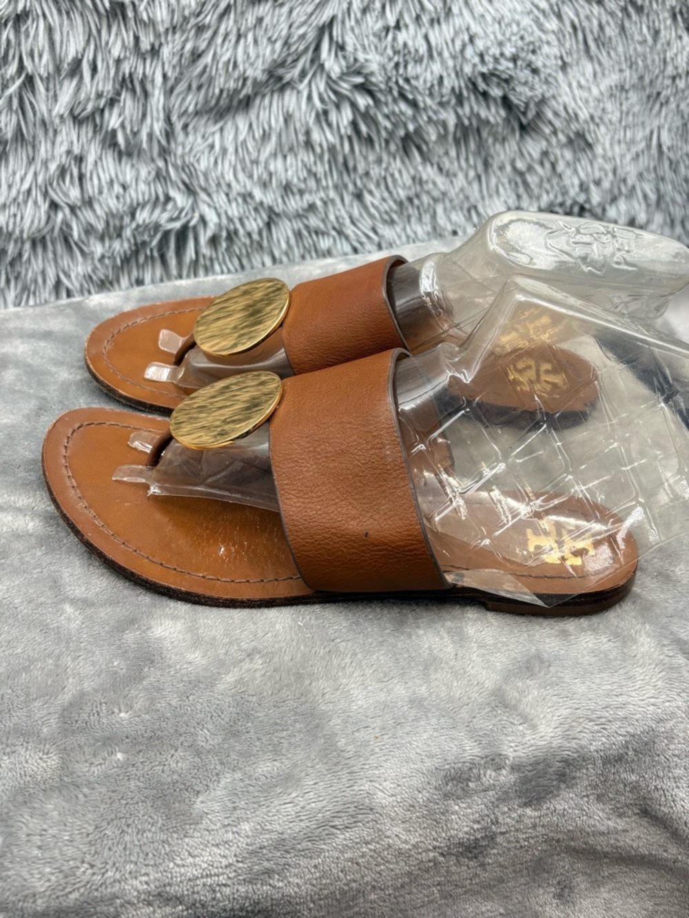 Tory Burch Sandals Womens 7 Patos Disk Brown Leather Slip On Thong